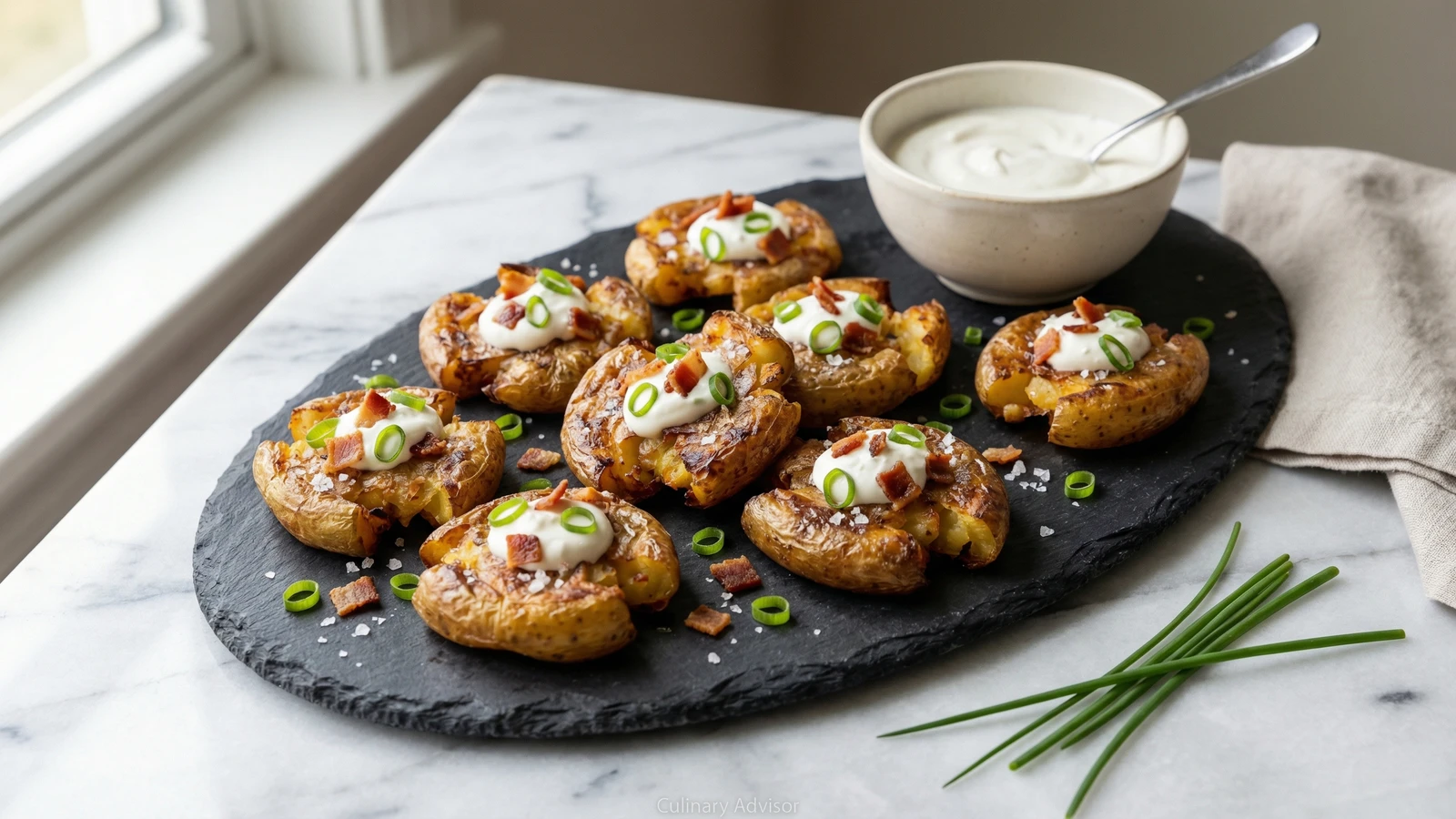 Smashed Crispy Potatoes with Sour Cream