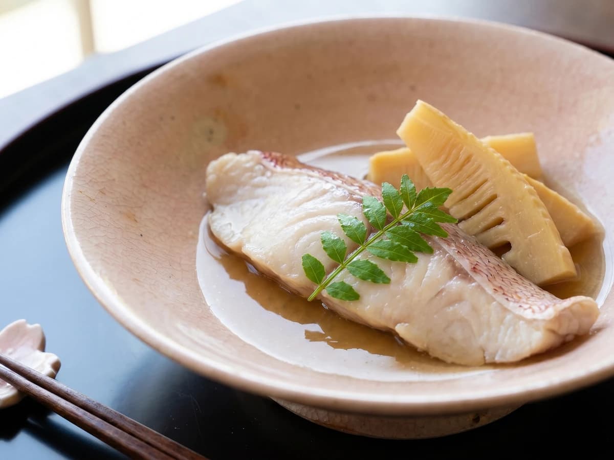 Sea Bream and Bamboo Shoot Takiawase (鯛と筍の炊き合わせ, Tai to Takenoko no Takiawase) - Chef Takumi