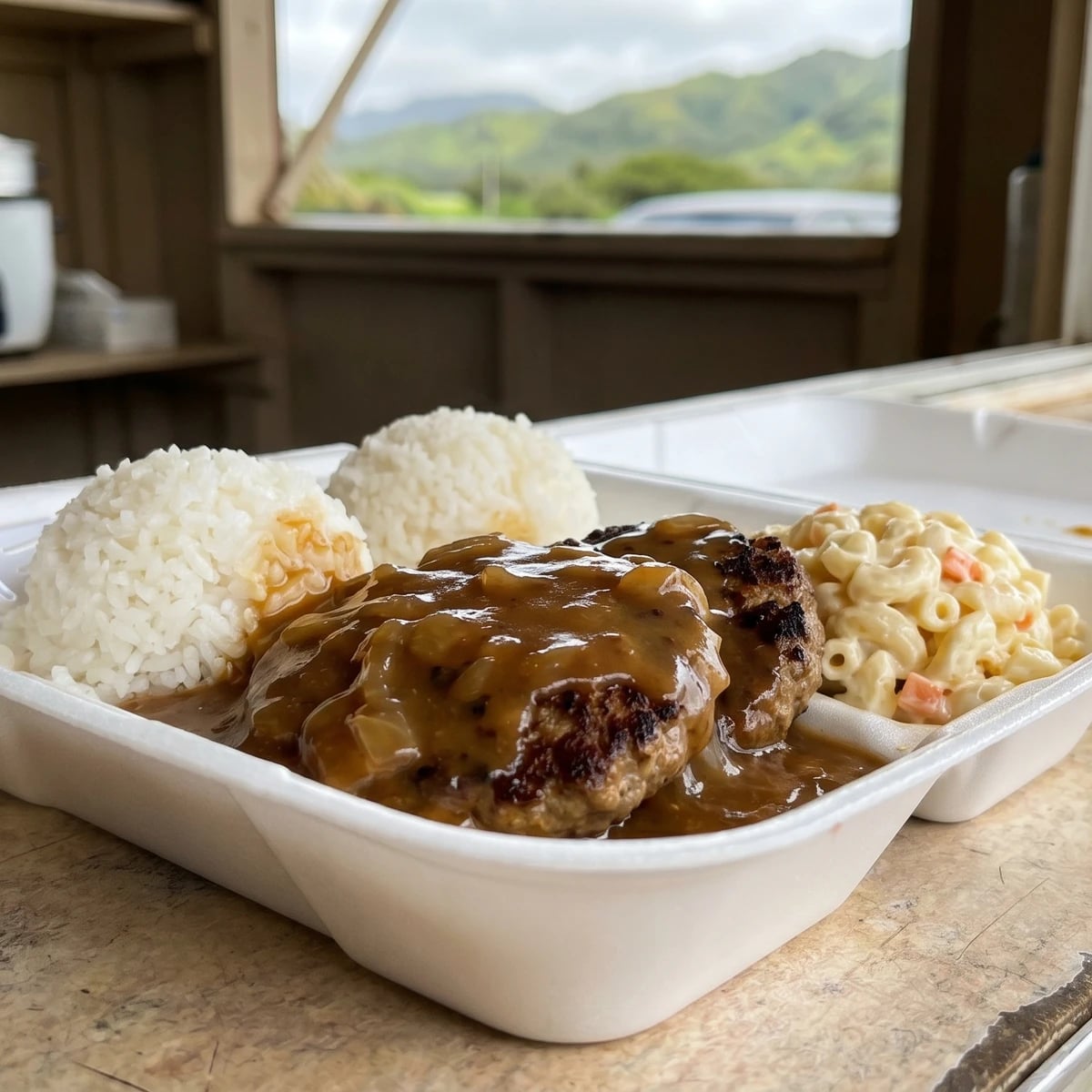 Hamburger Steak Plate Lunch (Hawaiʻi Local Beef Patty with Onion Gravy)