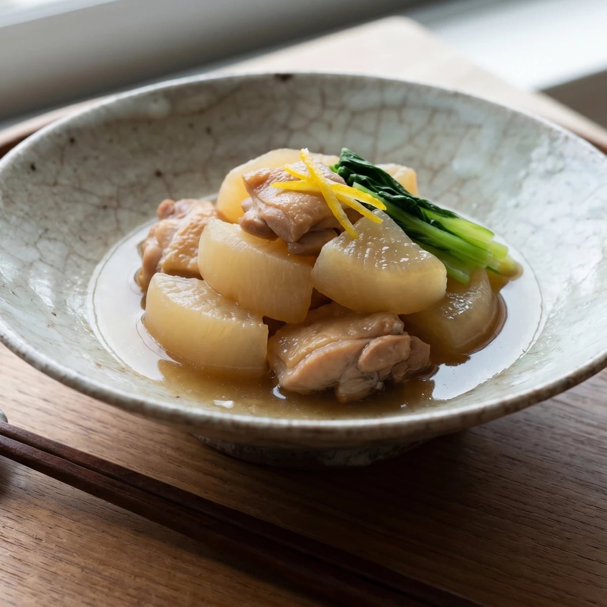 Simmered Chicken and Daikon (鶏と大根の煮物, Tori to Daikon no Nimono)