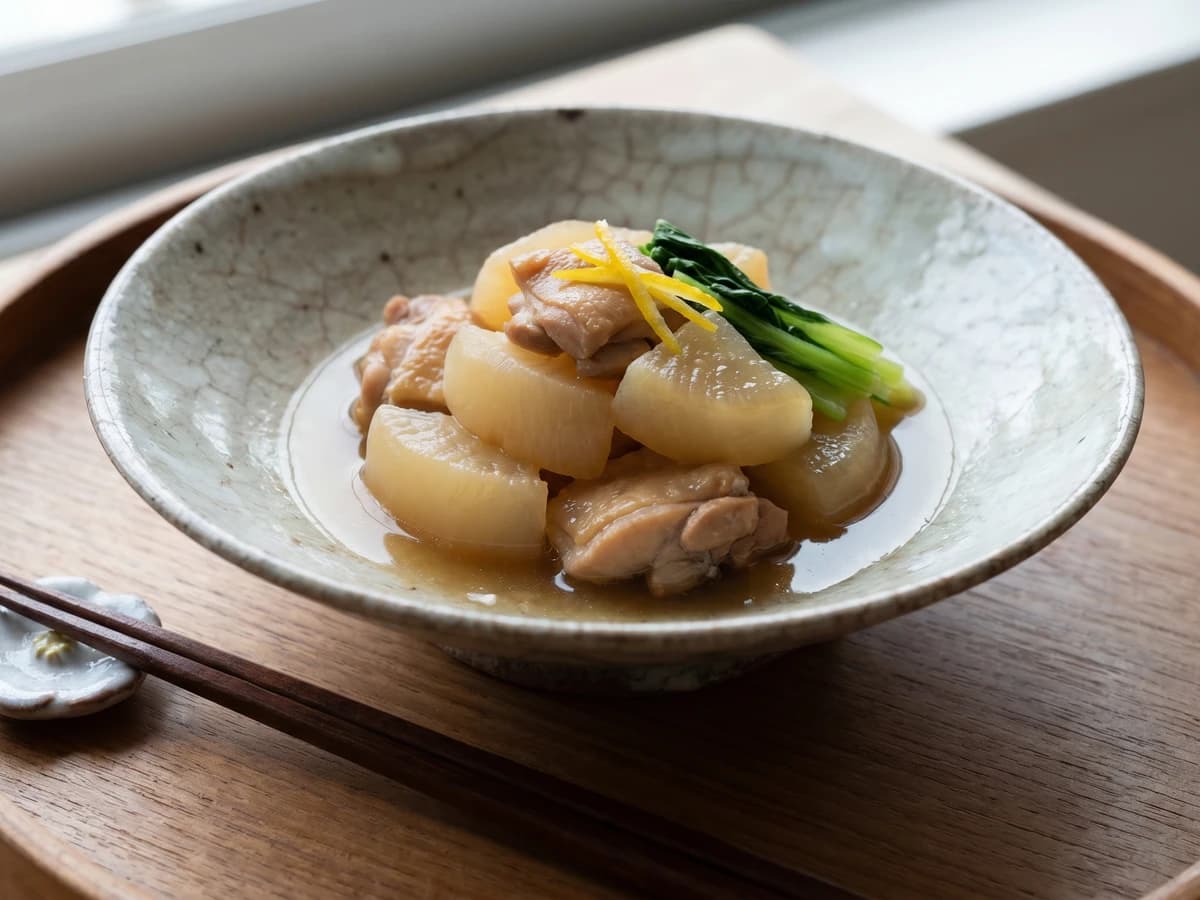 Simmered Chicken and Daikon (鶏と大根の煮物, Tori to Daikon no Nimono) - Chef Takumi