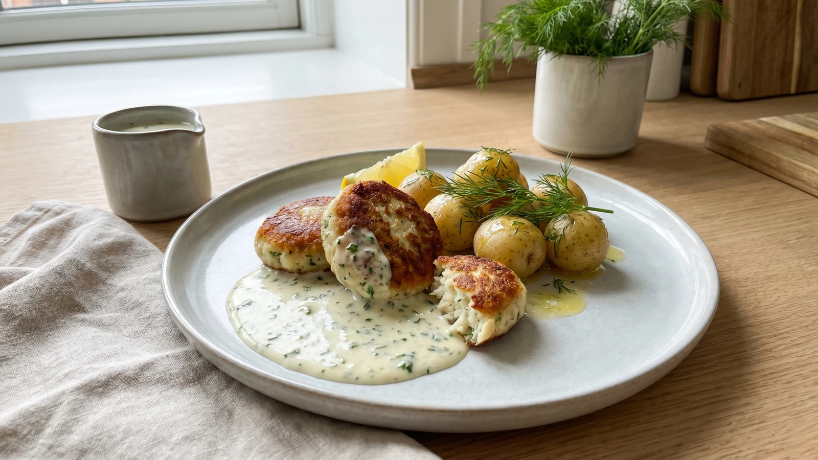 Fiskefrikadeller med Persillesovs og Nye Kartofler