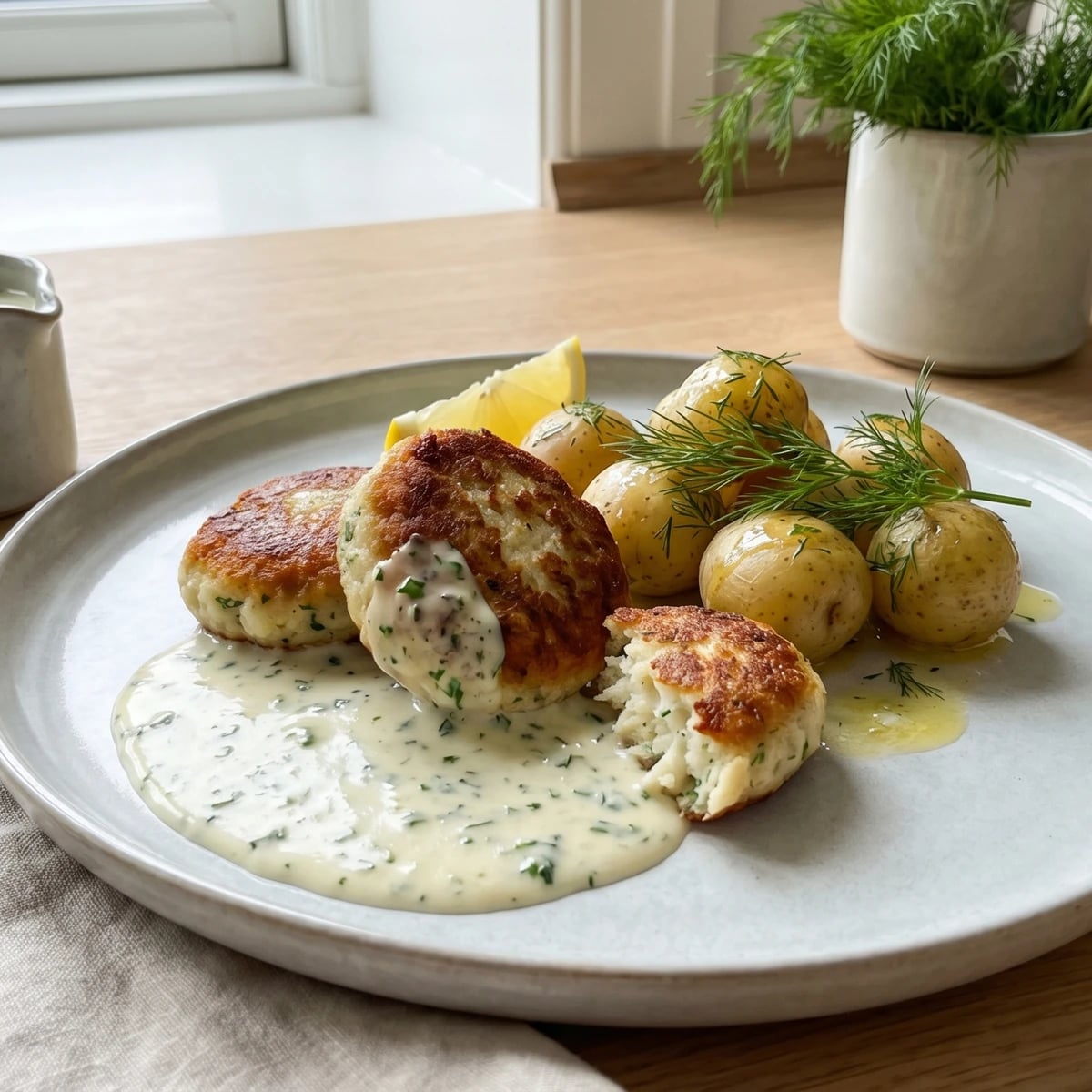 Fiskefrikadeller med Persillesovs og Nye Kartofler