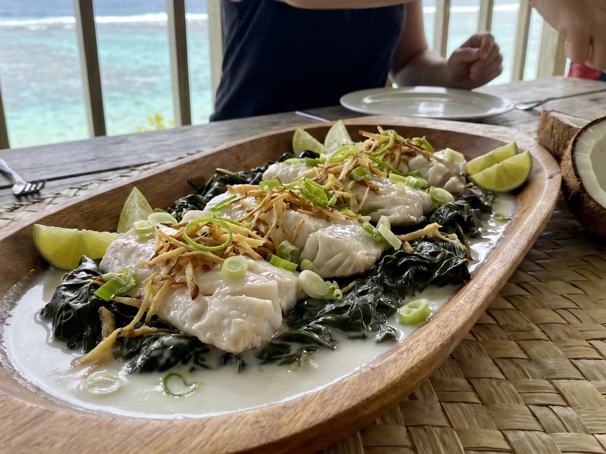 Moana-Roa Mahimahi (Cook Islands Reef Fish in Coconut Cream over Rukau) - Chef Makoa