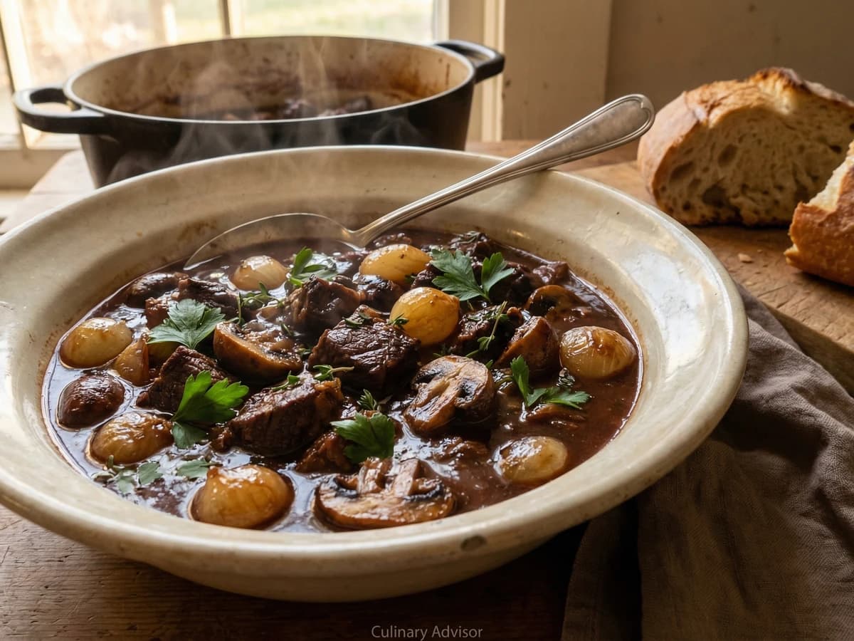 Beef Bourguignon with Pearl Onions and Mushrooms