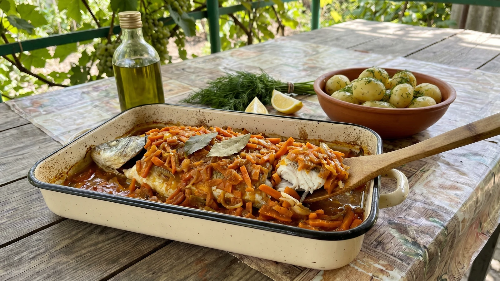 Zapechena Ryba (запечена риба, baked fish with carrots)