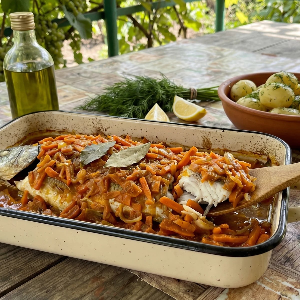 Zapechena Ryba (запечена риба, baked fish with carrots)