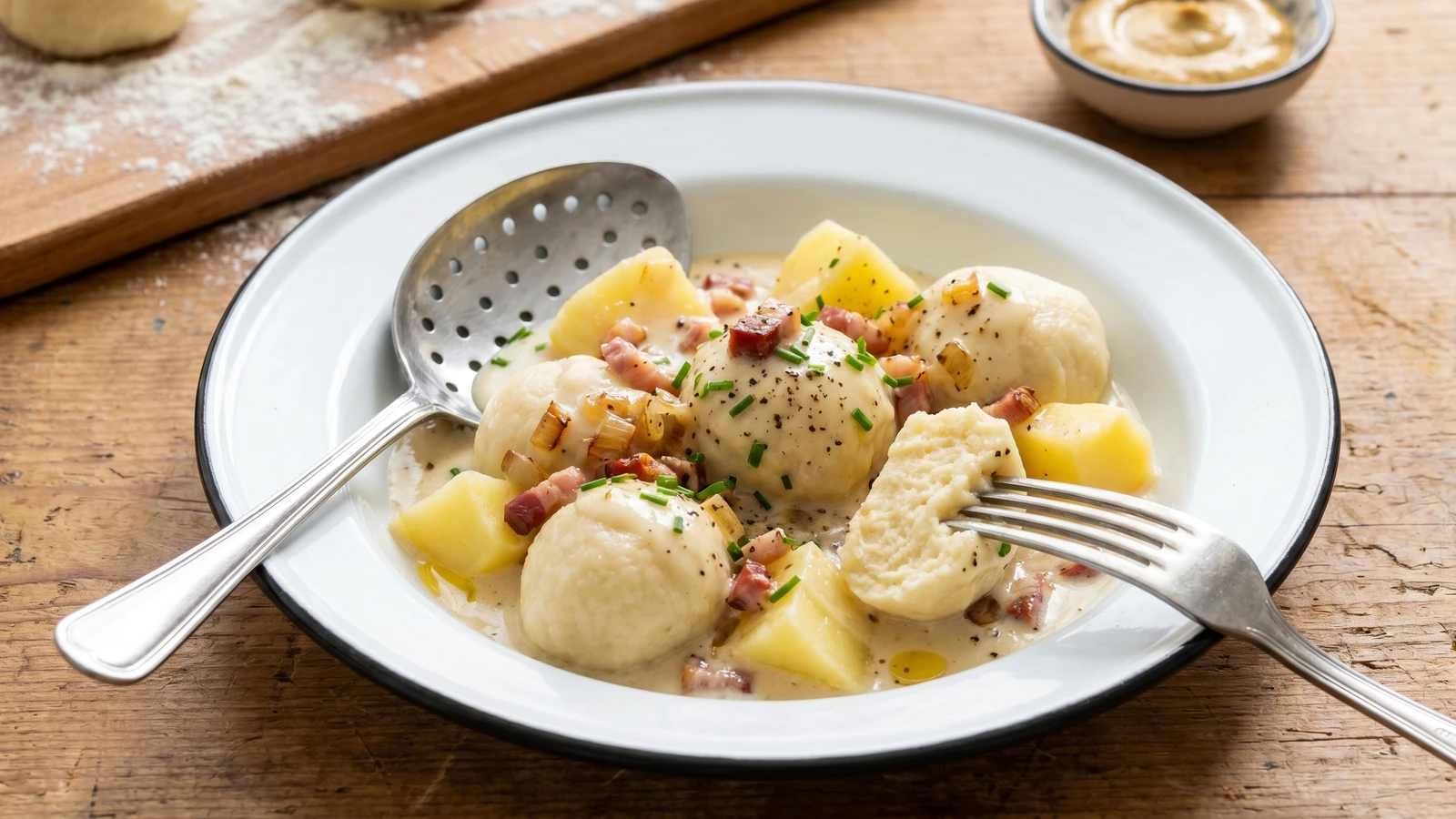 Saarländische Mehlknepp mit Specksoße
