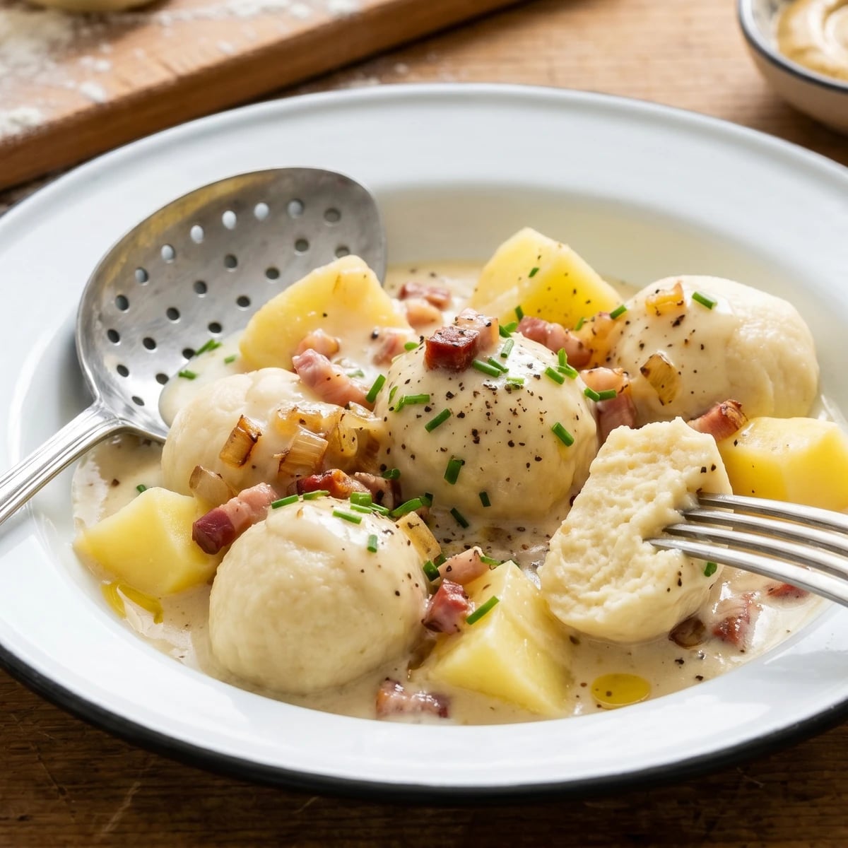 Saarländische Mehlknepp mit Specksoße