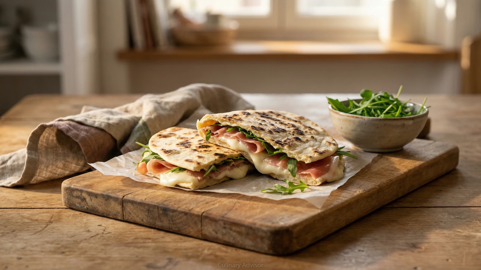 Piadina with Prosciutto, Squacquerone, and Arugula