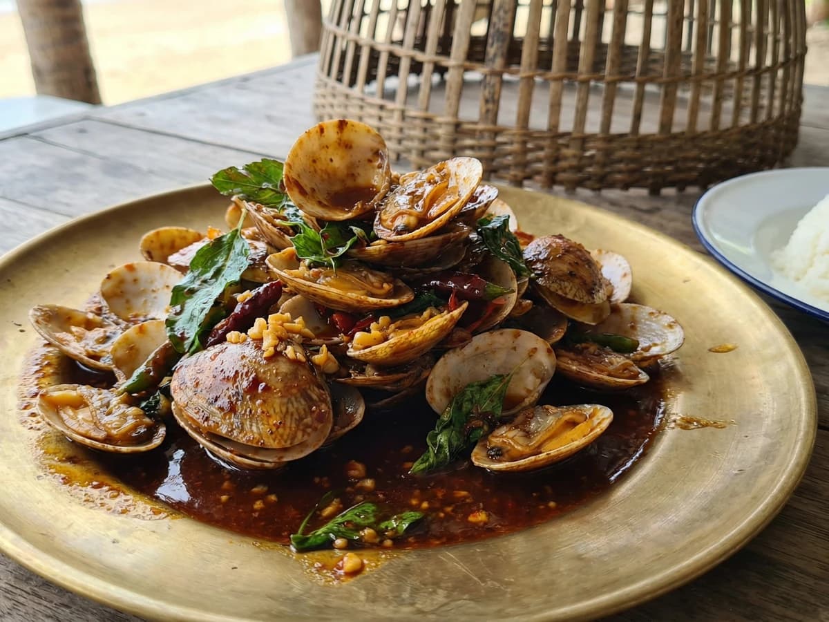 Clams with Roasted Chili Jam (Hoy Lai Pad Nam Prik Pao)