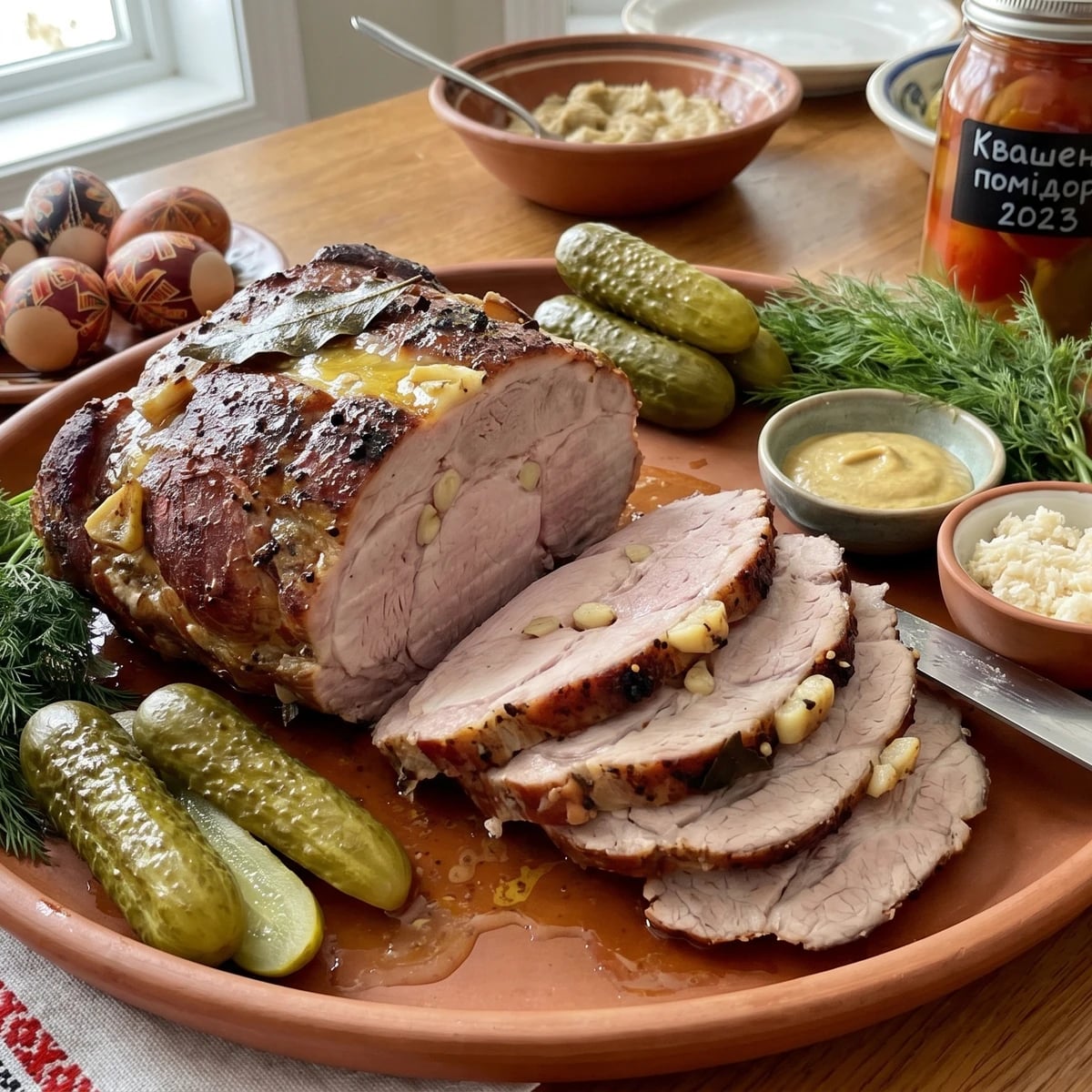 Buzhenyna (буженина, garlic-studded roast pork)