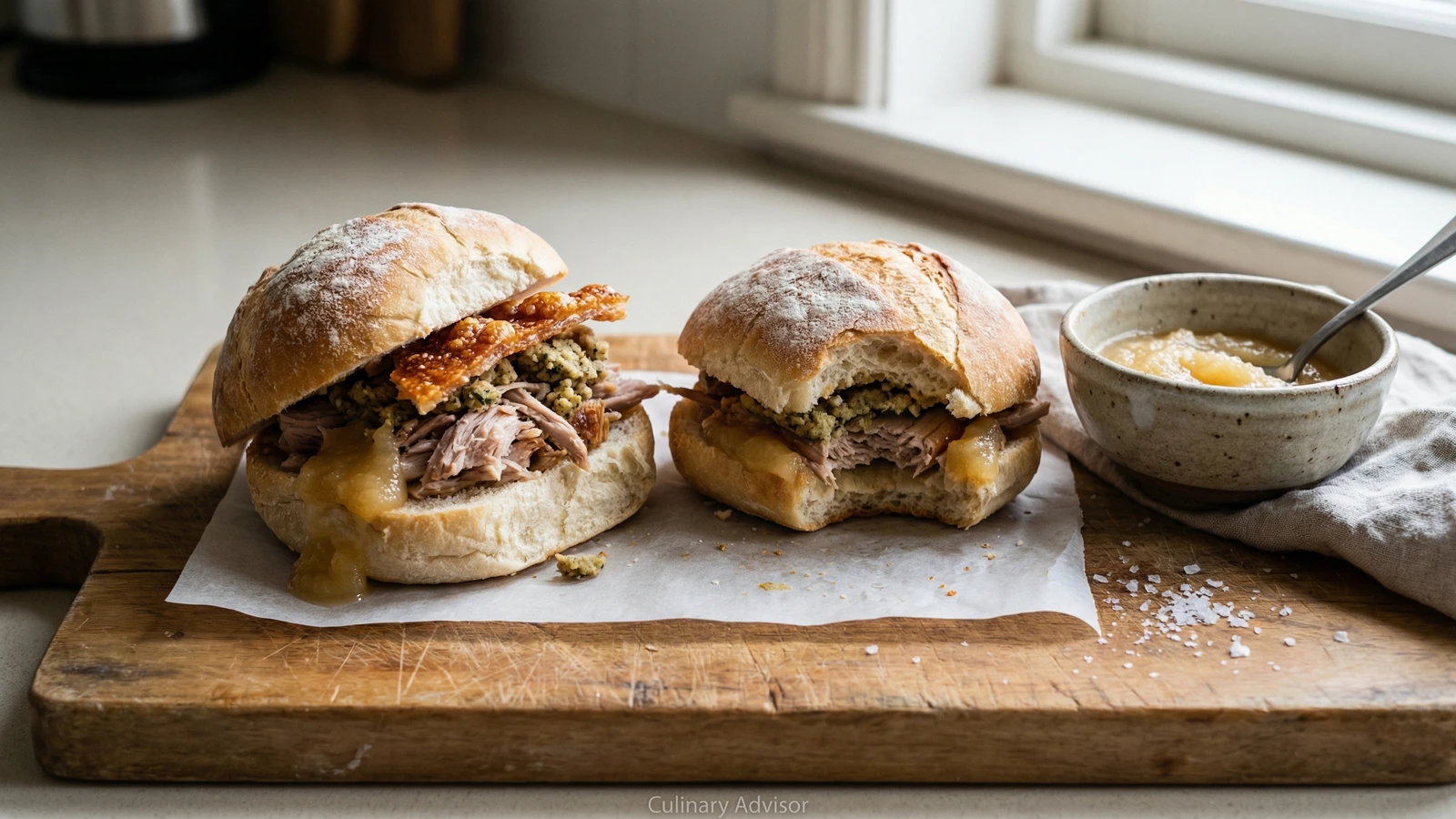 Hot Roast Pork Roll with Apple Sauce and Stuffing