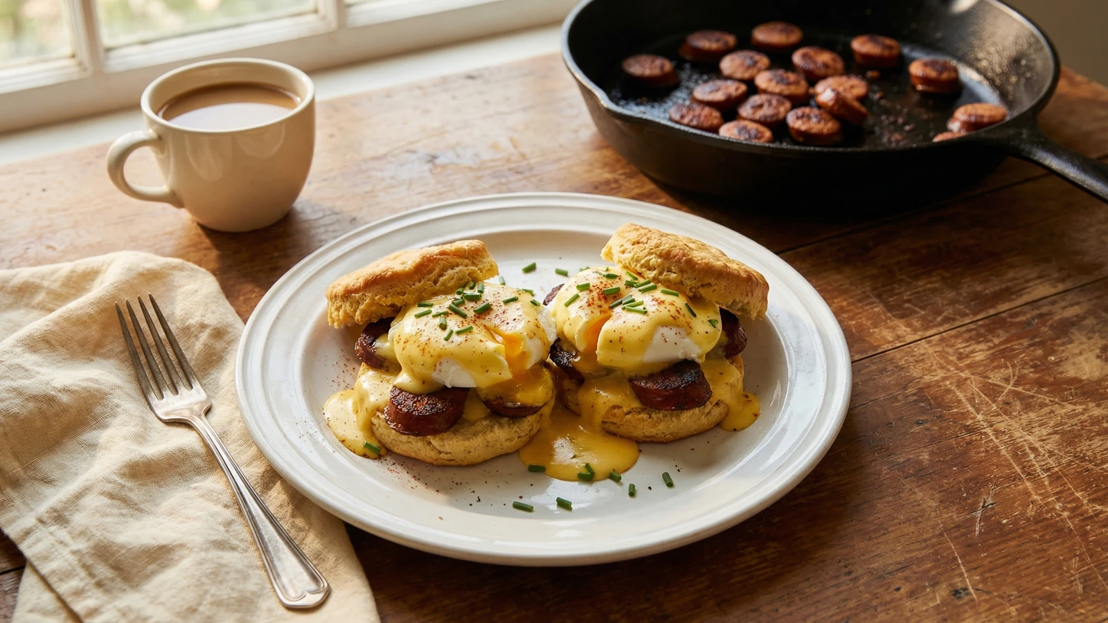 Cajun Eggs Benedict with Andouille