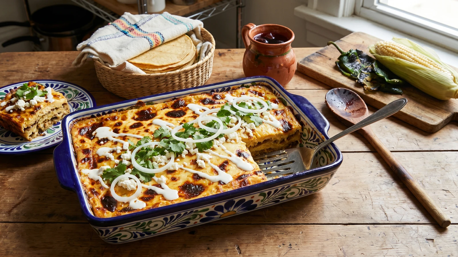 Budín Azteca de Pollo y Rajas Poblanas
